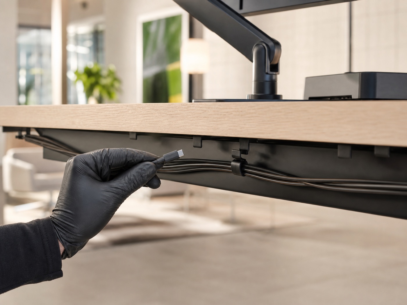 A gloved hand organizing cables in an under-desk cable tray
