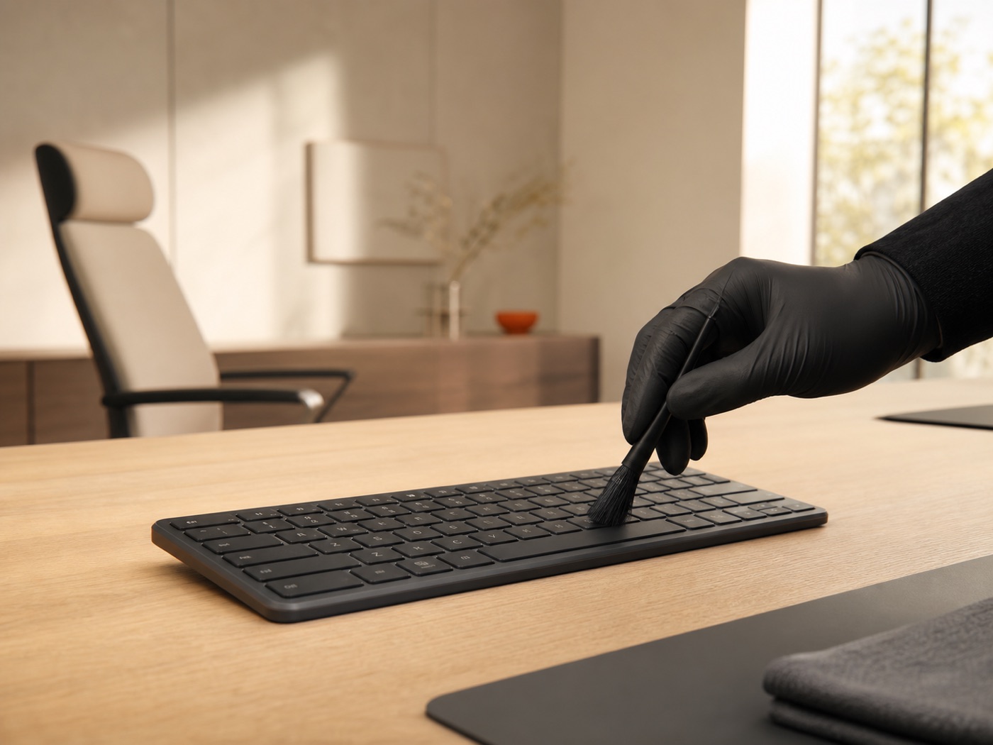 A gloved hand detailing a keyboard with a soft brush