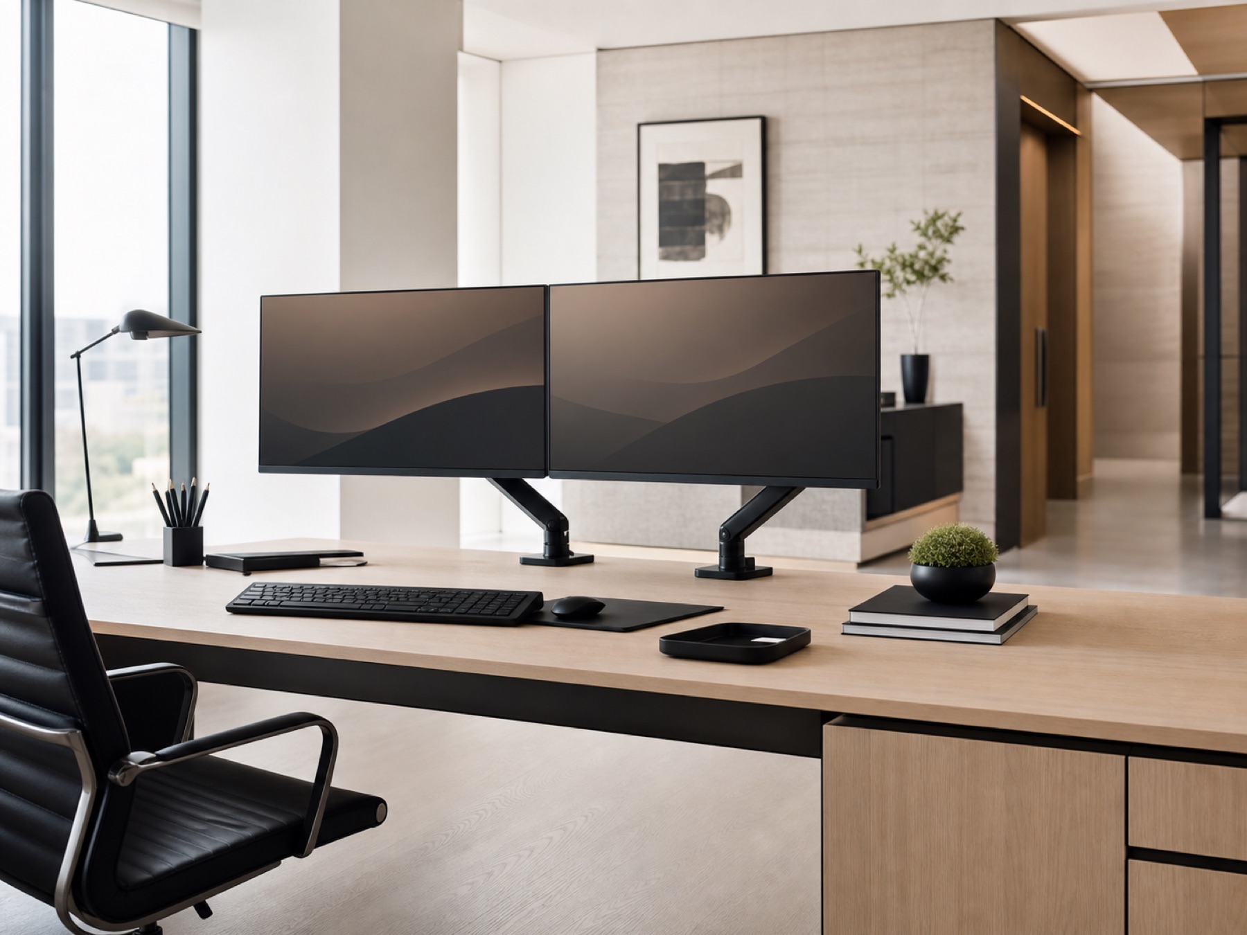 An immaculate dual-monitor workstation on a pale oak desk